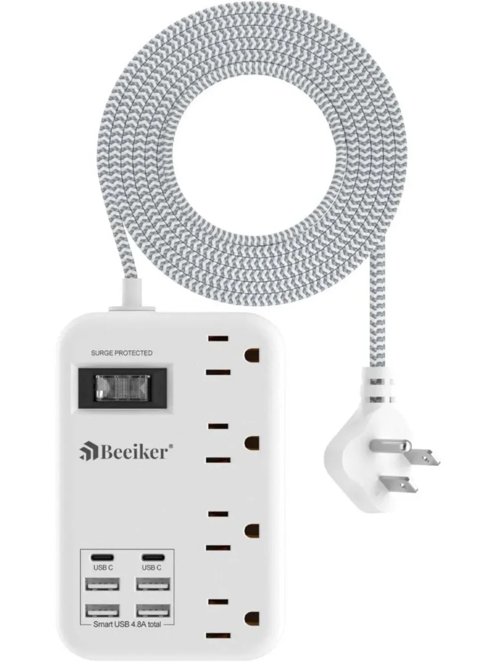 6-Outlet USB Travel Power Strip with 5ft Braided Cord & Surge Protection - Wall